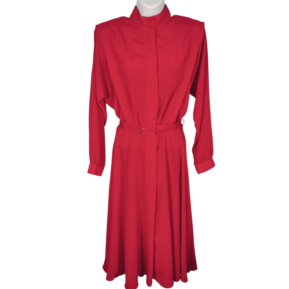 Alain Toussaint Vintage 80s Red Belted Midi Dress Mock Neck Shoulder Pads 10P